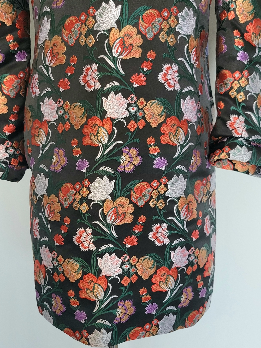 NWT LOST INK Black Orange Jacquard Floral Long Puff-Sleeve Sheath Dress Sz Small - Picture 5 of 15